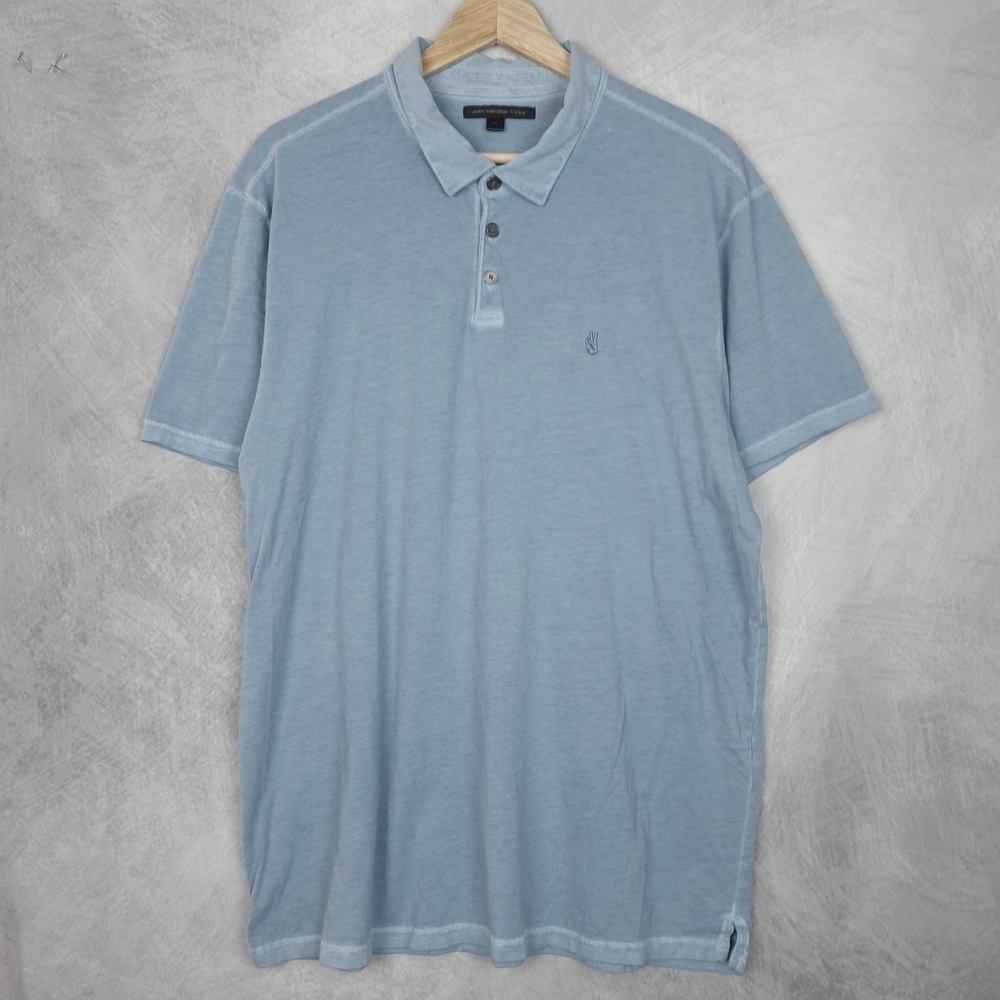 John Varvatos Polo Shirt Mens XL Blue Peace Sign Jersey Knit Short Sleeve Casual